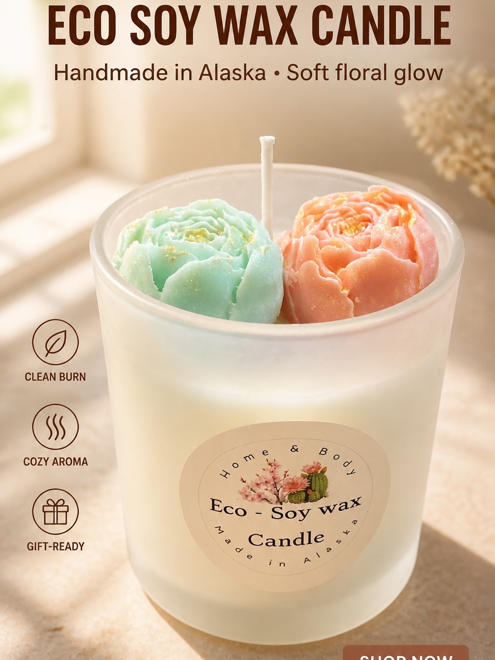 Eco Soy Wax Candle | Floral Embed Design, Frosted Glass Jar 17 oz